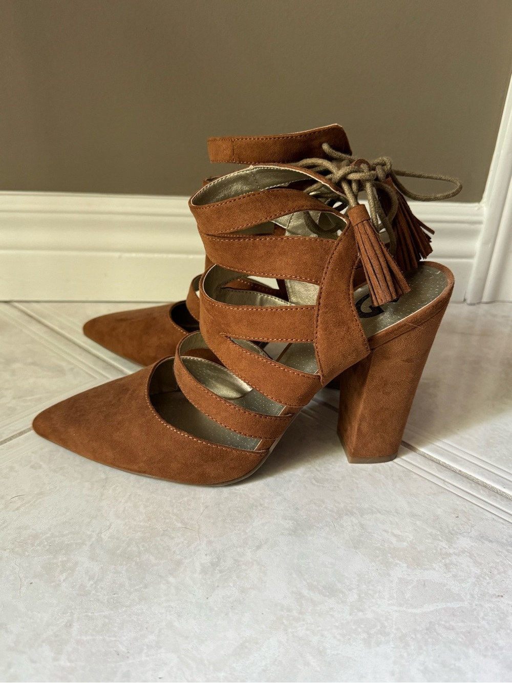 G by Guess Suede Strappy Tassel Block Heel Pumps in Cognac Brown - Picture 2 of 6